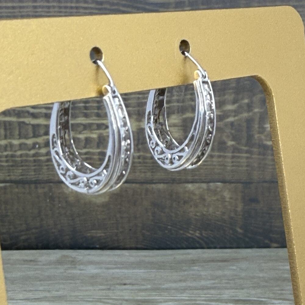 925 Sterling Silver Rhinestone Scroll Heart Accent Hoop Earrings